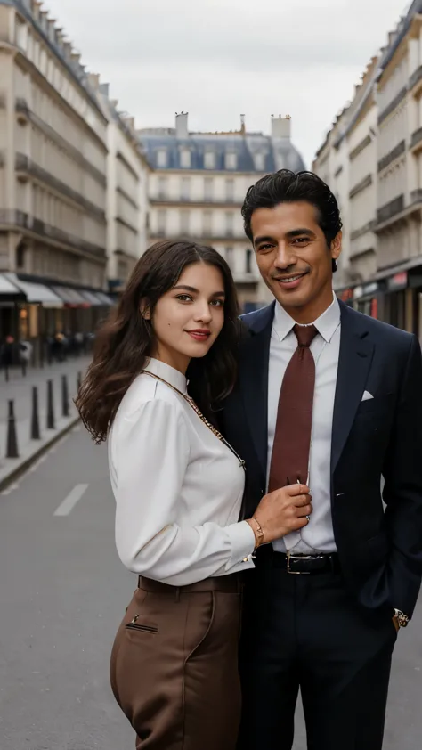 front view, full-body, couple is standing pose , on street , in paris, looking eiffel tower, 2020 years ,(1 male and 1 female is...