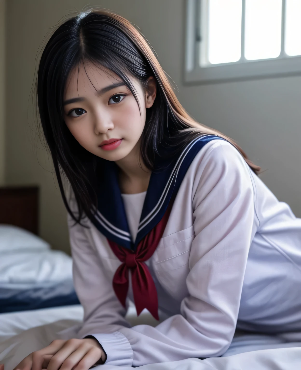 1girl, 18yo girl, sailor uniform, lying on bed, big breasts , detailed ,  beautiful detailed eyes, beautiful detailed lips, extremely detailed face, delicate facial features, porcelain skin, long eyelashes, tidy hair, indoor setting, bed, pillows, soft lighting, pastel color palette, serene expression, cinematic lighting, elegant composition, masterpiece, photorealistic, 8k, high quality