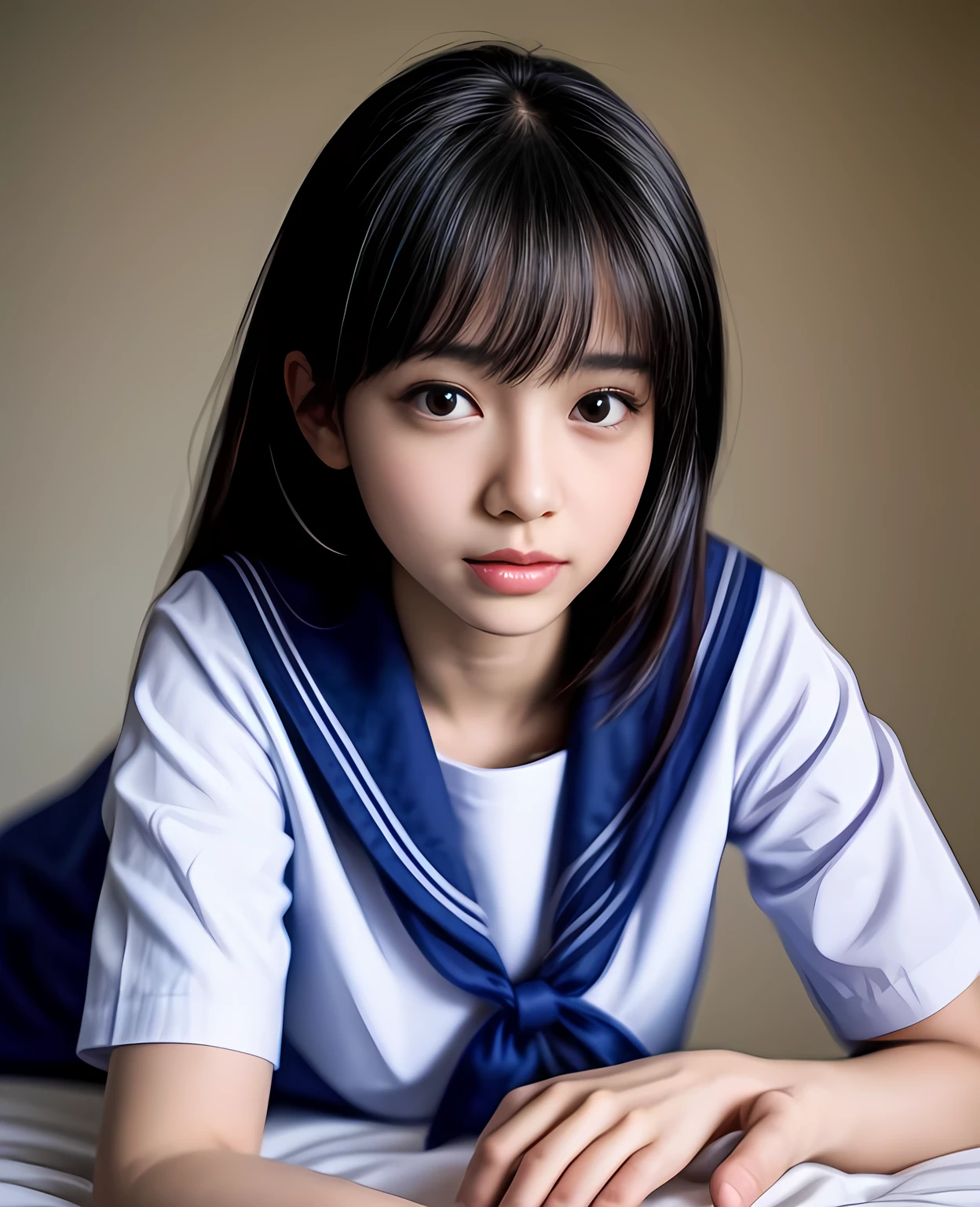 1girl, 15yo girl, sailor uniform, lying on bed, detailed face, beautiful detailed eyes, beautiful detailed lips, extremely detailed portrait, photorealistic, cinematic lighting, intricate folds in clothing, soft fabric, realistic textures, warm color palette, dramatic shadows, depth of field, high resolution