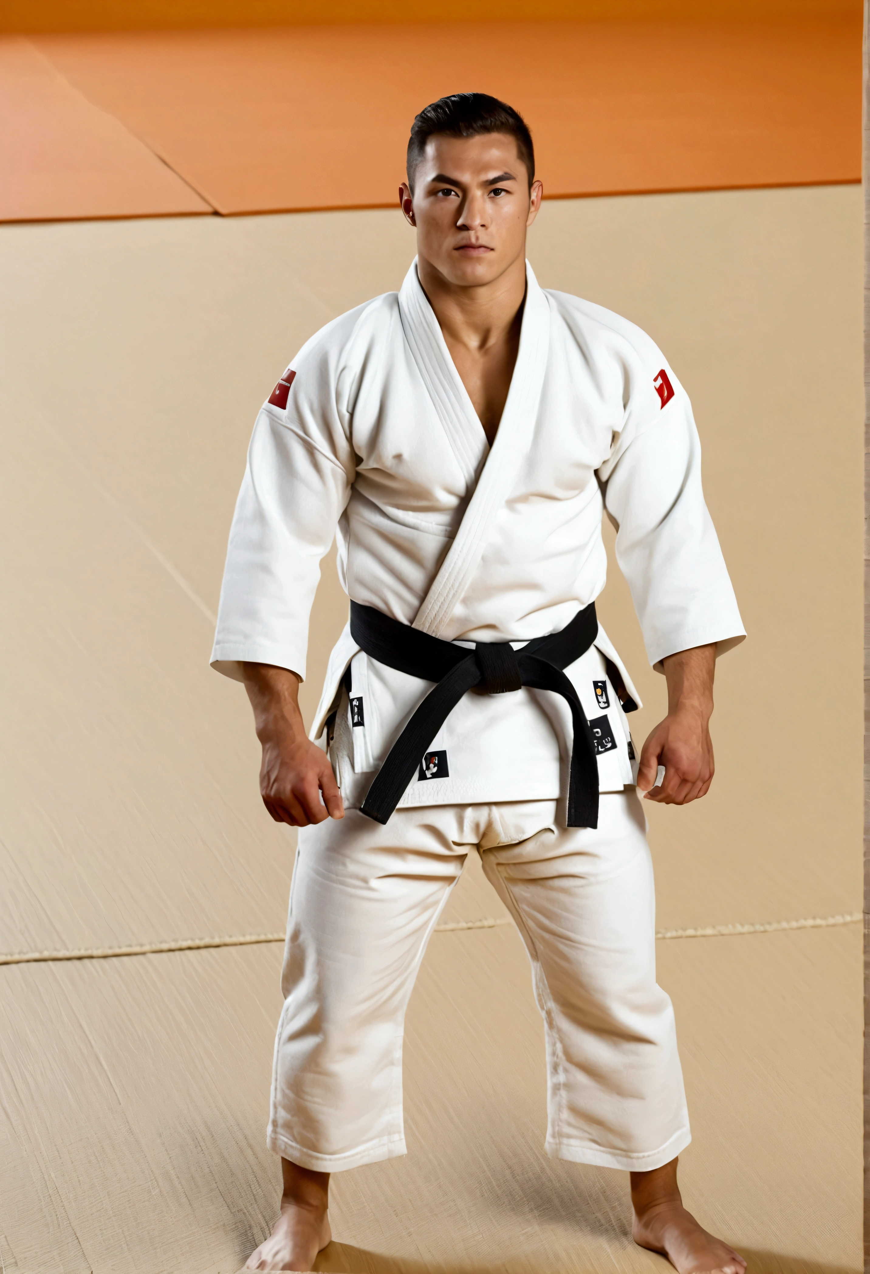 Olympic athletes, judo athletes, full-body, muscular,
Stance,
Judo uniform, black belt,
Centre stage of Olympic venue with tatami mats laid out, height of excitement