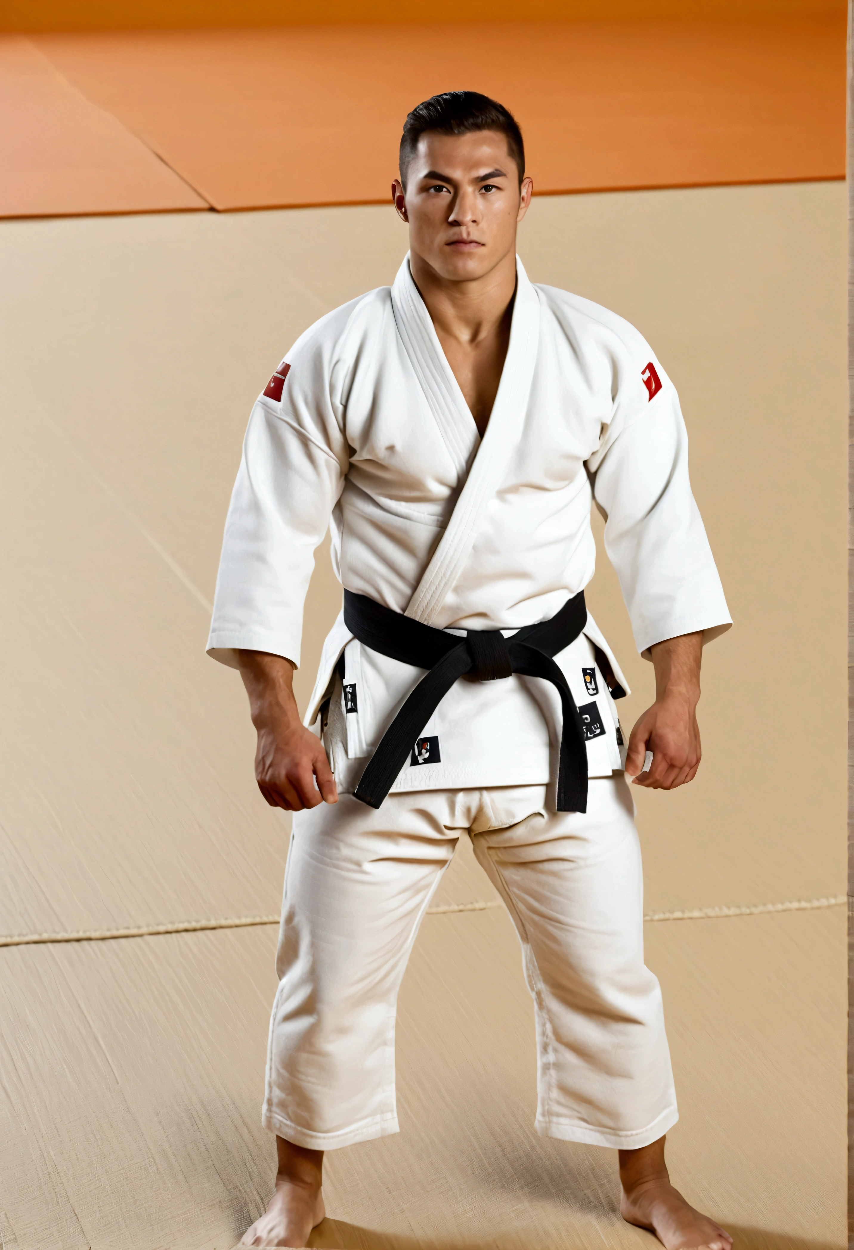 athlètes olympiques, athlètes de judo, tout le corps, Musclé,
position,
uniforme de judo, ceinture noire,
Scène centrale du lieu olympique avec des tatamis posés, apogée de l'excitation