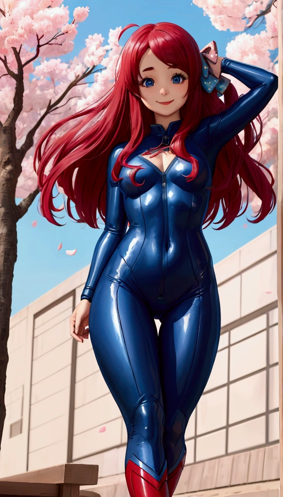 masterpiece, best quality:1.2), 1girl, asian girl, smile, looking at viewer, blue eyes, hair bow, ahoge, dressed as superwoman, full bodysuit, blue catsuit, standing under cherry blossoms, sakura minamoto, red cloak cape