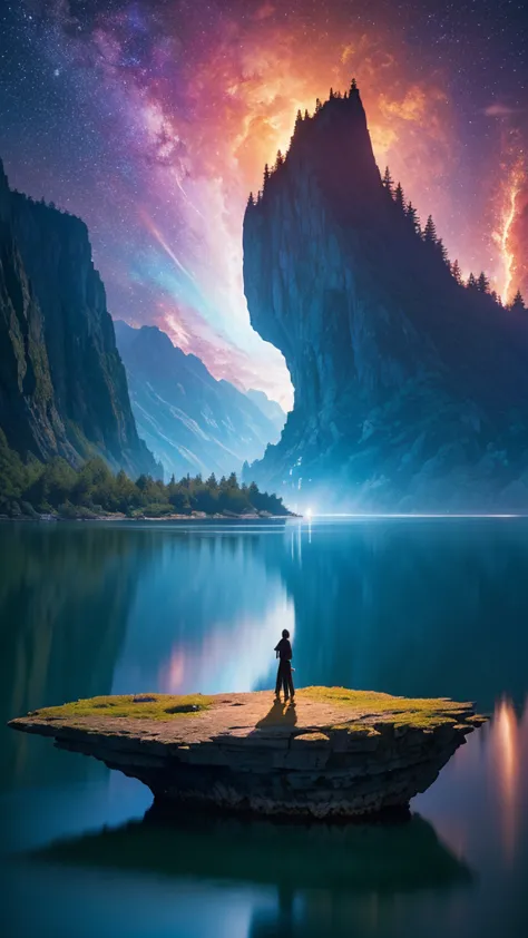 Photographs that capture the essence of a magical dream world. An epic cliff，Hanging over a beautiful lake, Surreal and vivid co...