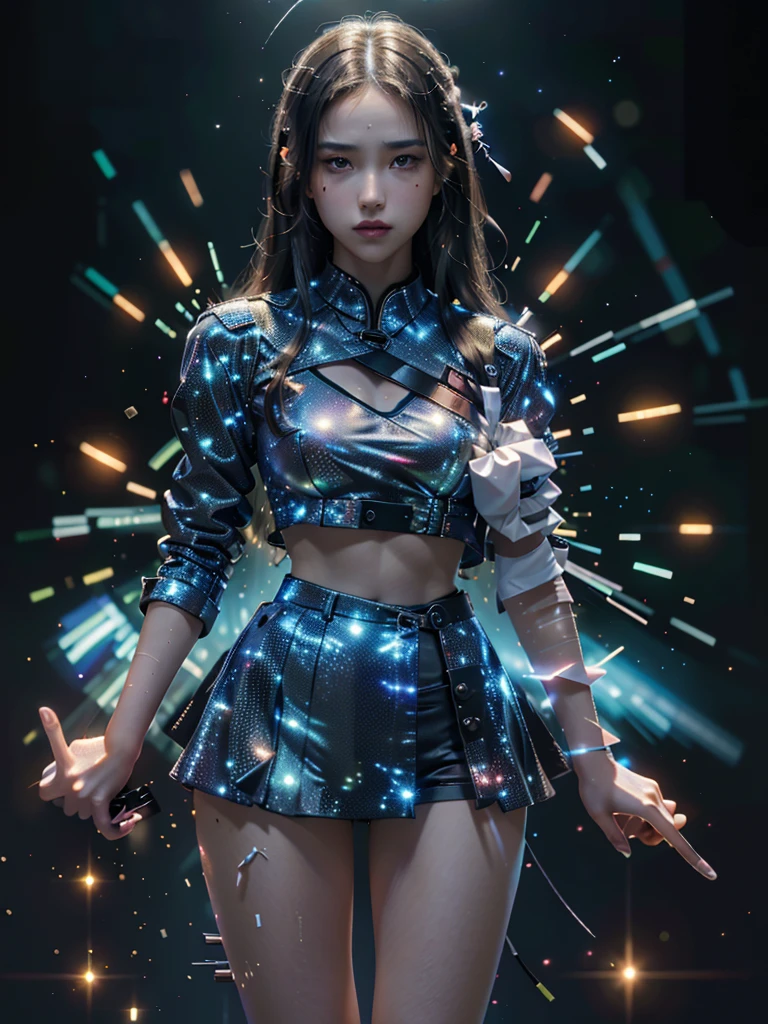 Ultra-Realistic Capture,18k,RAW Photos,Highest quality,masterpiece,reality,Very detailed,Very beautiful woman,Detailed face,Glowing Skin,rainbow,Automata,cyber punk,18-year-old ,Model body type,slim,Large number of LEDs,Clothes made of light particles,Rainbow Skin,Implanted electronic devices,Very detailedな電子機器,Many connecting lines,Very long hair,Large Breasts,Acrobatic poses,((Middle finger:1.5)),Black background,neon,Looking down,Angry expression,