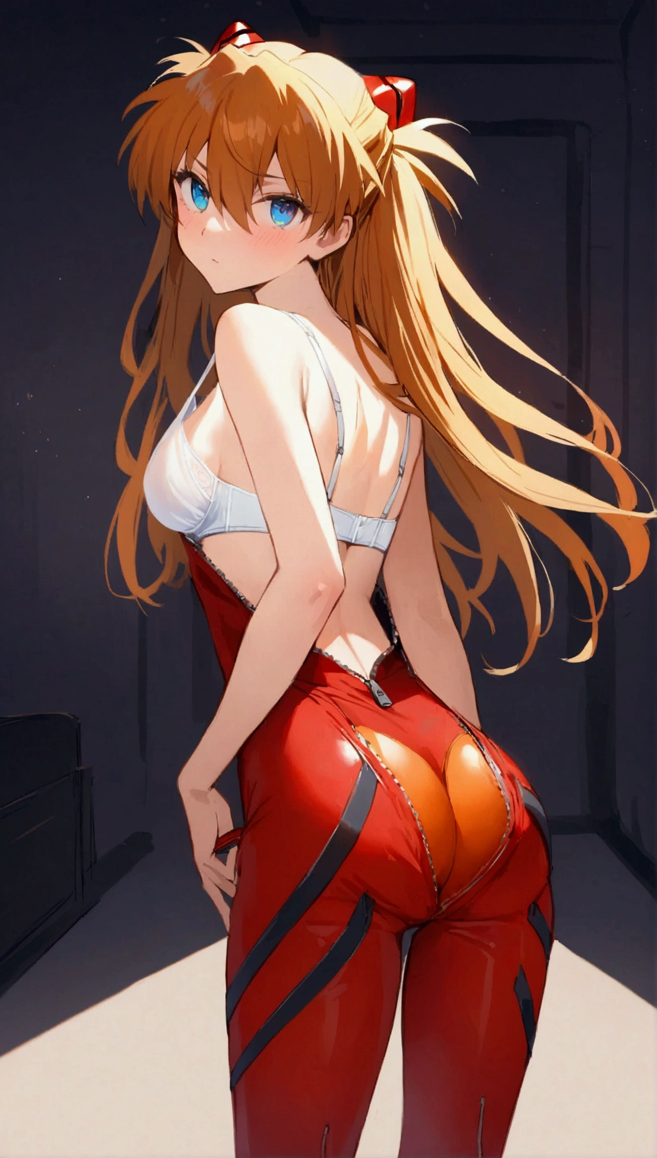 (masterpiece), Highest quality, Expressive eyes, Perfect Face, One girl, alone, Soryu Asuka Langley, Interface Headset, Red bodysuit, Are standing, One girl, From behind the zipper pull, Unzip, Take off your bodysuit, Gazing at you, Enchanting, ((White bra)), Zipper Pull Tab, look back, Scapula, back, Bare Skin 