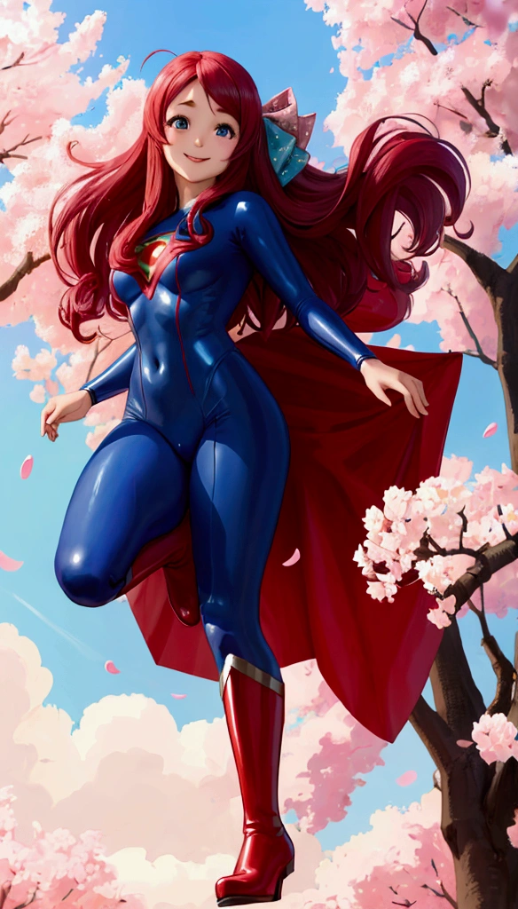 masterpiece, best quality:1.2), 1girl, asian girl, smile, looking at viewer, blue eyes, hair bow, ahoge, dressed as superwoman, full bodysuit, blue catsuit, standing under cherry blossoms, sakura minamoto, red cloak cape, boots