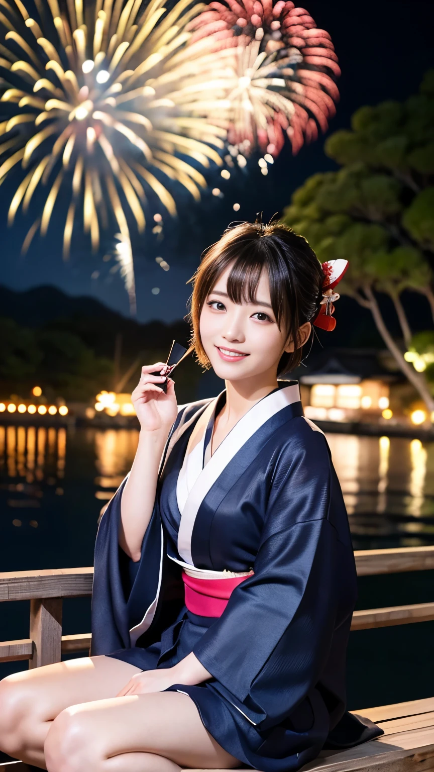 (8k、RAW Photos、Highest quality、masterpiece:1.2)、(Real、Photorealistic:1.37)、Ultra-high resolution、One Girl、cute、solo、night、sitting、(Laughter:1.1)、Beautiful Eyes、(Short Hair:1.2)、(((Fireworks bursting into the sky、night)))、(((kimono、yukata)))、Cleavage、Perfect body、Perfect Fingers、Professional Lighting、Japanese Goddess、gravure、Detailed face and skin texture、Detailed eyes、RAW Photoy thighs are in full view.)))、丈の非常に短いyukata、20 year old Japanese girl、Highest quality、Full Body Shot、Ultra-high resolution、(reality:1.4)、Raw photo、(花柄yukataの女の子:1.2)、Summer festival、night、No underwear is worn、I&#39;m not wearing a bra、(((Shoulder-baring big breasts:1,5)))、Cleavageにしっとりと汗、ランダムなcuteポーズ、Large Breasts、