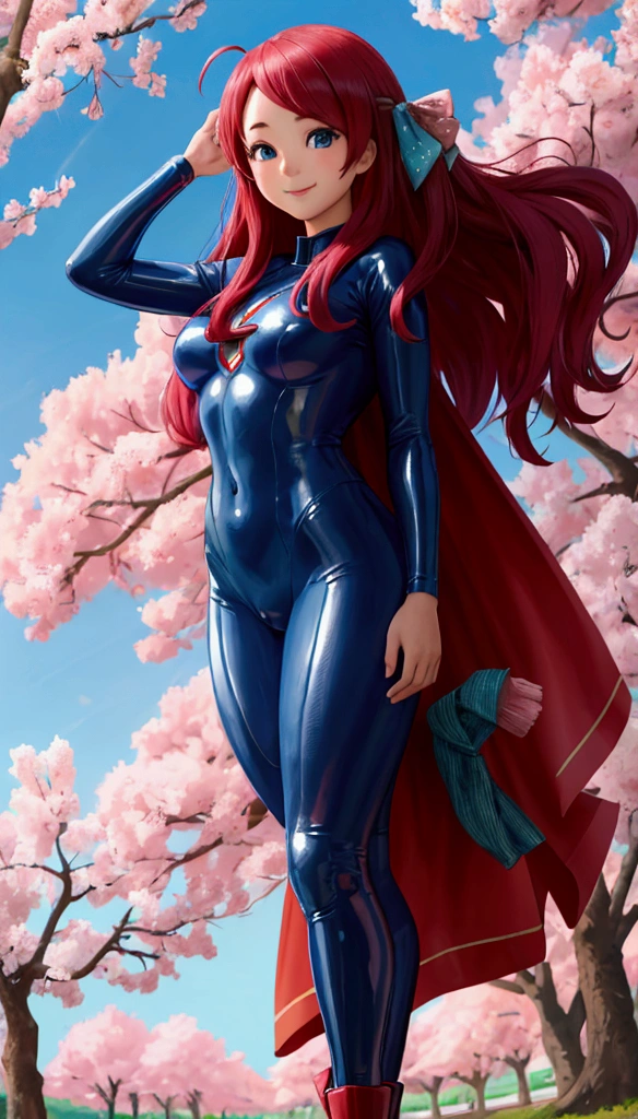 masterpiece, best quality:1.2), 1girl, asian girl, smile, looking at viewer, blue eyes, hair bow, ahoge, dressed as superwoman, full bodysuit, blue catsuit, standing under cherry blossoms in park, sakura minamoto, red cloak cape, boots