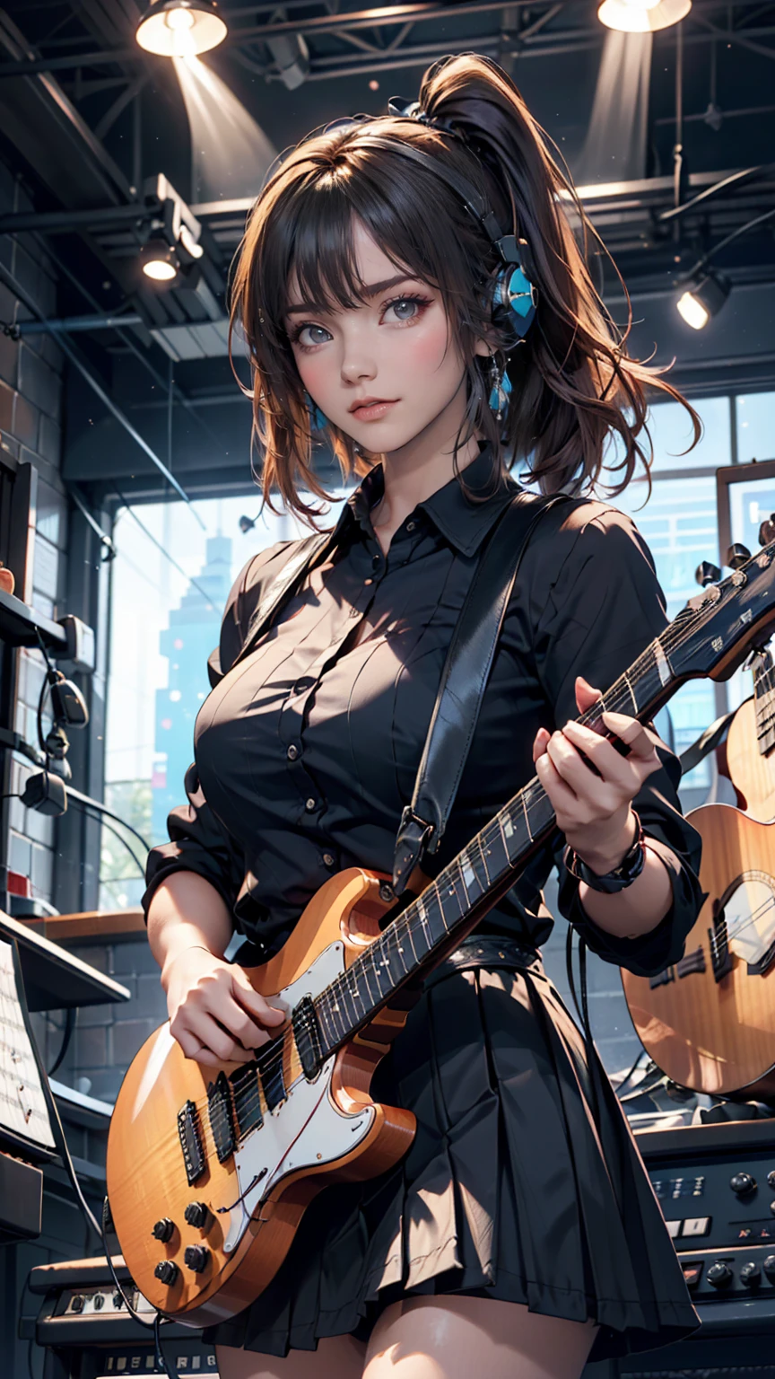 ((masterpiece, Highest quality))One girl, alone, Black Dress, blue eyes, electric guitar, guitar, Headphones, Double Ponytail, Holding, Holding plectrum, musical instrument, Long Hair, music, One side up, Turquoise Hair, Twin tails, guitarを弾く, Pleated skirt, Black Shirt, interior