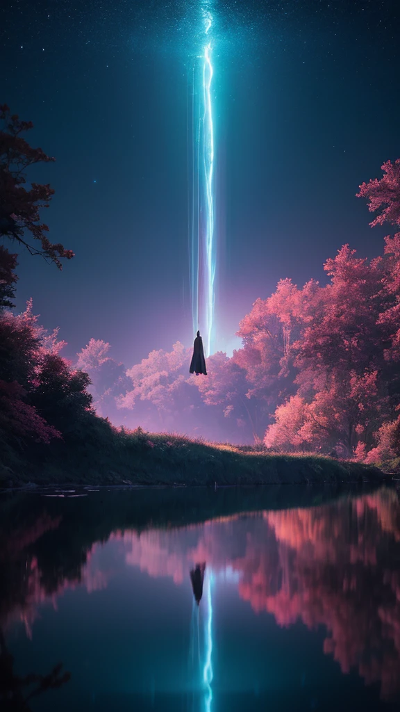 Photographs that capture the essence of a magical dream world. An epic abyss，Hanging over a beautiful lake, Surreal and vivid colors illuminate its reflection. The atmosphere is otherworldly, The soft night light casts a flowing shadow. The image creates a sense of depth and mystery, It&#39;s as if the audience is taken into another dimension., Create beautiful and memorable work. Shot with Canon EosIII Zeiss 120mm wide angle lens，Thunder and lightning