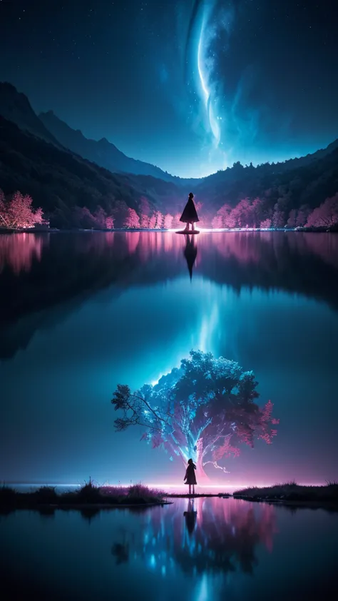 photographs that capture the essence of a magical dream world. an epic abyss，hanging over a beautiful lake, surreal and vivid co...