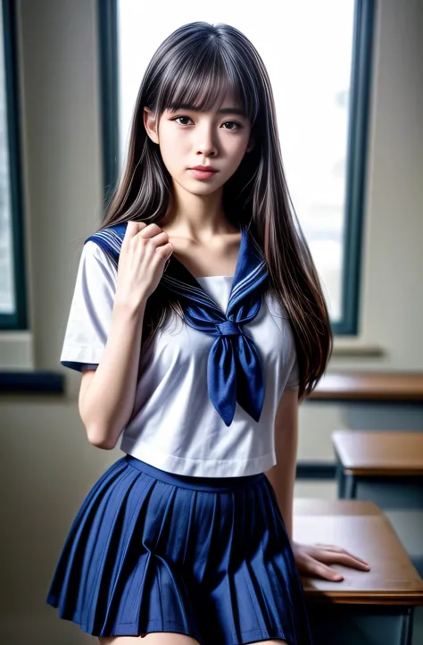 raw photo , 1 girl  ,wearing sailor uniform ((teen school girl studying on on in the classroom)) , professional photographer, (h...