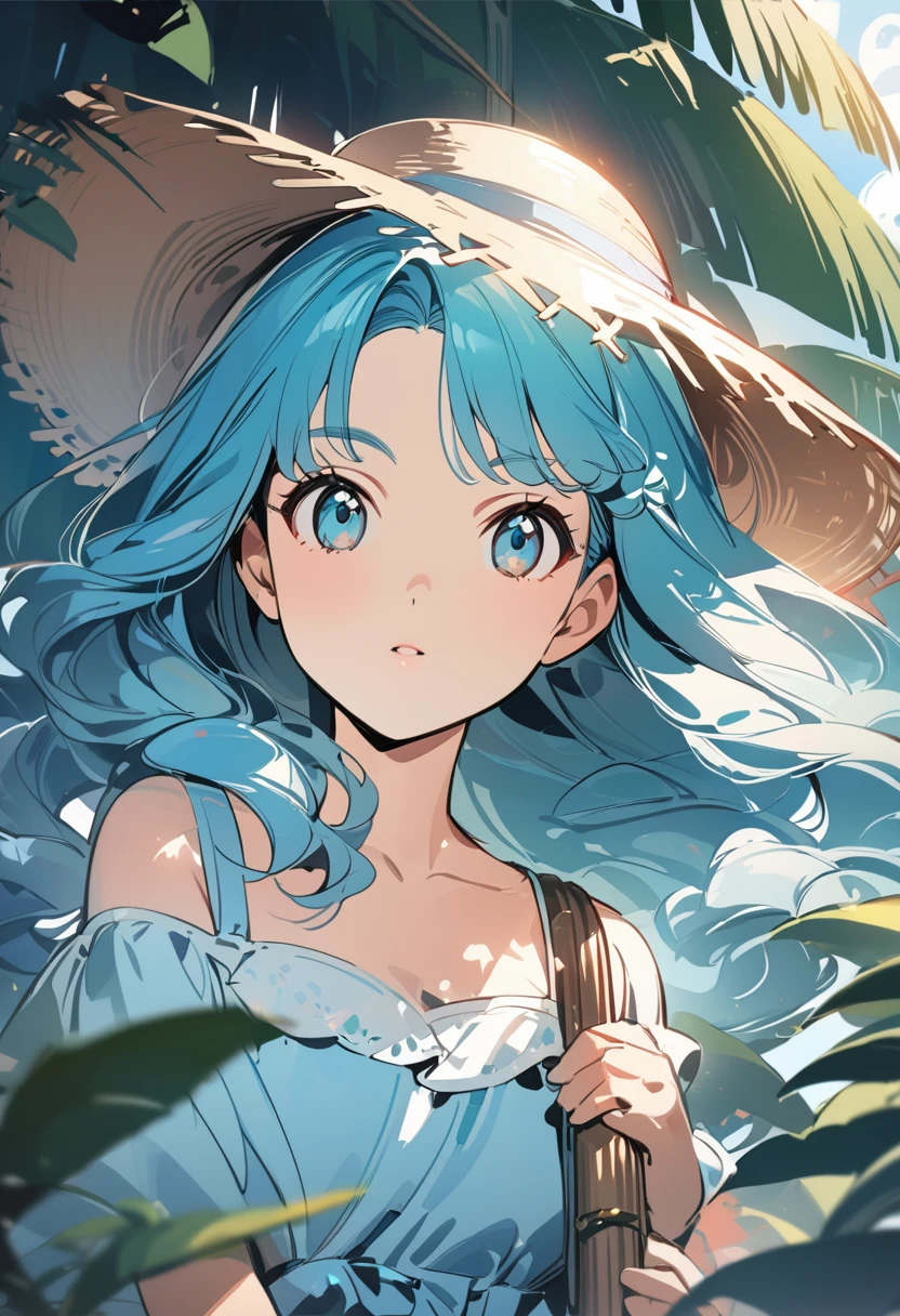 Anime girl with blue hair wearing a straw hat and blue dress, artwork in the style of Gouvez, beautiful anime portrait, Gouvez, beautiful anime girl, beautiful anime style, Anime girl with turquoise hair, anime style. 8 K, bowwater style, beautiful digital illustration, Beautiful character art, stunning anime face portrait