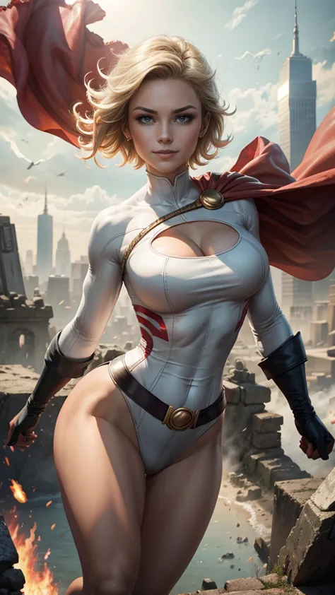 Power Girl da DC Comics,(best qualityer,4K,8k,high resolution,work of art:1.2)(weather: windy),battle ruins,Gotham,short hair,ul...