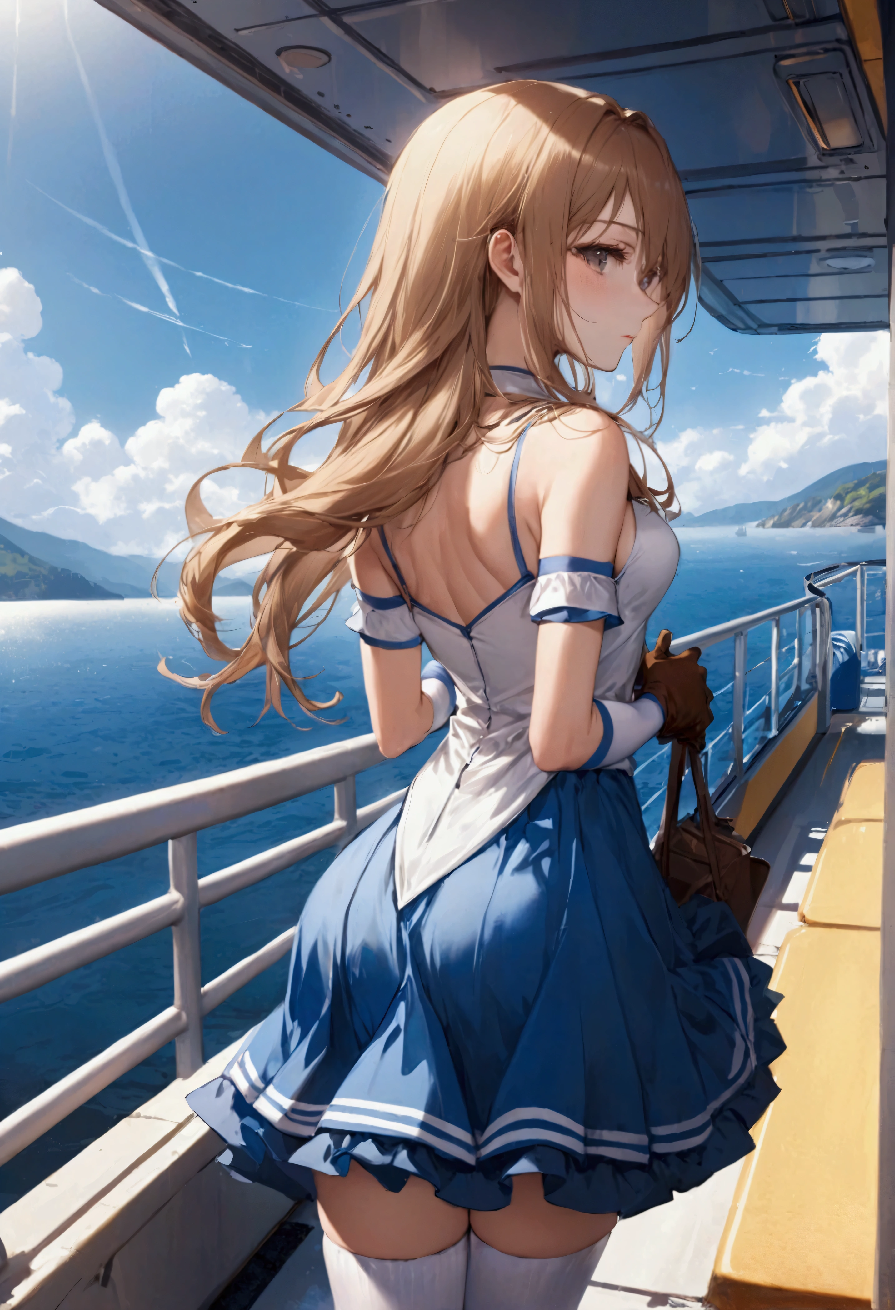 ((Highest quality)), ((masterpiece)), ((One Girl)), alone, ferry, ((Long Hair)), ferryBase, ((Knee socks)), Expose your shoulders, ((jewelry)), ((Sleeveless)), White Dress, Blue Skirt, ((gloves)), Up to the thighs, From behind.