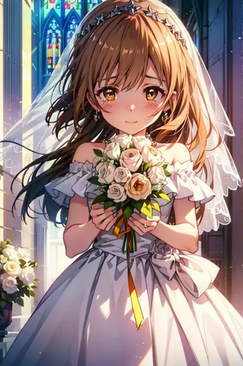 a sun ayuuki, a sun a yuuki, long hair, brown hair, (brown eyes:1.8),smile,blush,off-the-shoulder wedding dresses,necklace,weddi...