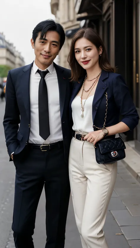 front view, full-body, couple is standing pose , on street , in paris, (looking eiffel tower on paris) ,2020 years ,(1 male and ...