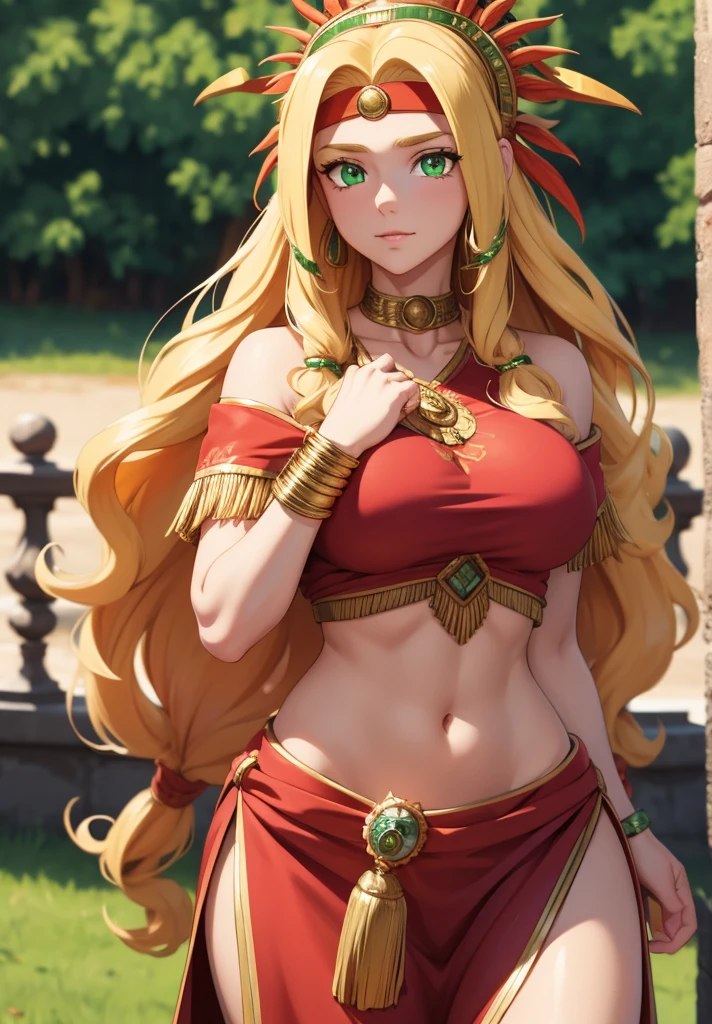 quetzalcoatl, quetzalcoatl, long hair, sidelocks, yellow hair, (green eyes:1.5), wavy hair, (large breast:1.2),
BREAK aztec, bracelet, choker, headband, headdress, jewelry, midriff, navel, short sleeves, wristlet,
BREAK looking at viewer,
BREAK outdoors,
BREAK (masterpiece:1.2), best quality, high resolution, unity 8k wallpaper, (illustration:0.8), (beautiful detailed eyes:1.6), extremely detailed face, perfect lighting, extremely detailed CG, (perfect hands, perfect anatomy),