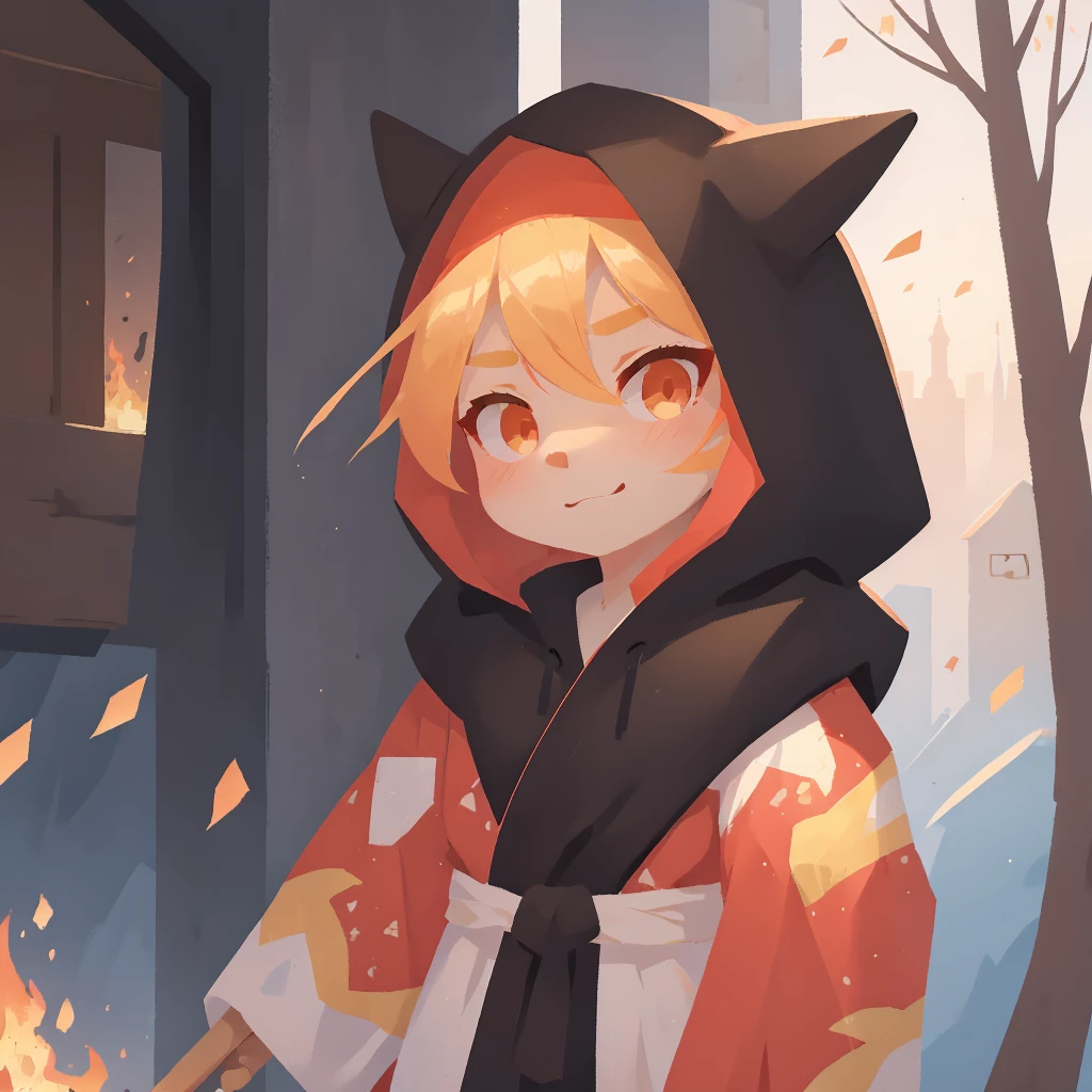 A boy,beautiful girl face.large kimono,hood,instead.look and serious,small smile.Fire style.his hand carries a wooden stick