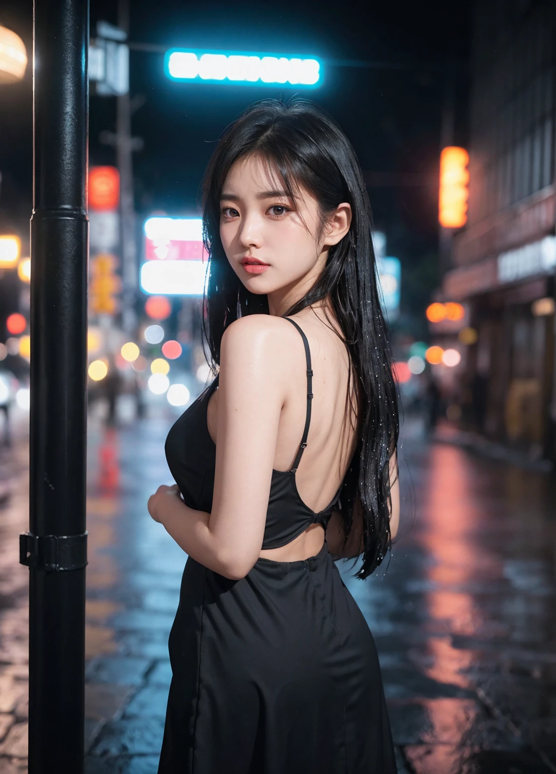 1人of女of子,alone,Long Hair,Rough skin,From the back,Face Focus,(View your viewers:1.2),Wet Hair,dark,Polaroid,(depth_of_Field:1.5),雨of日,Outdoor,street,目of間of毛,Moody lighting,Tyndall effect,Cinema Lighting,night,lamp post,Lens flare,Available Light,Rim Light,Shining neon lights,Curvy,赤いシルクofドレス,韓国of女of子,