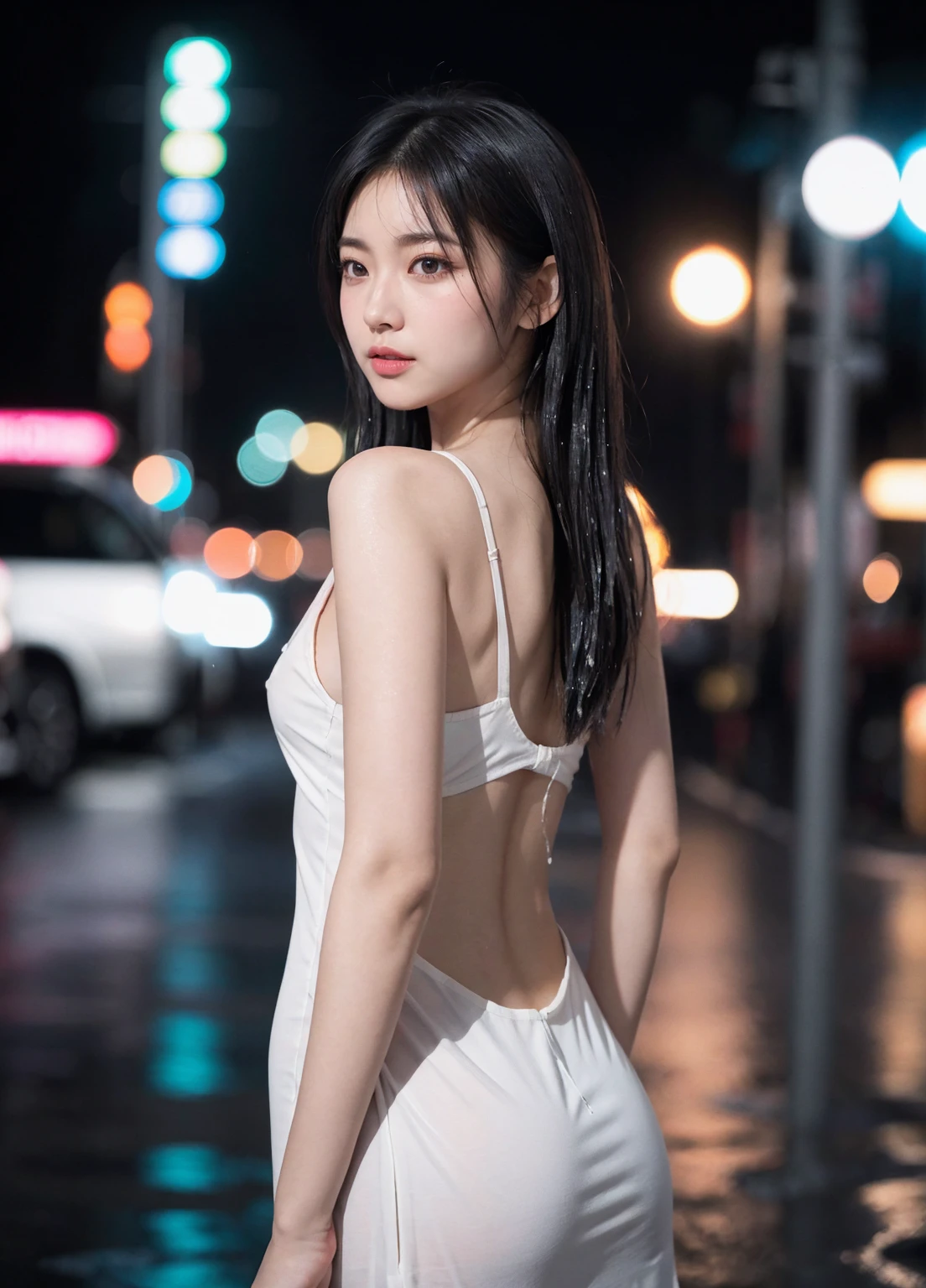 1人of女of子,alone,Long Hair,Rough skin,From the back,Face Focus,(View your viewers:1.2),Wet Hair,dark,Polaroid,(depth_of_Field:1.5),雨of日,Outdoor,street,目of間of毛,Moody lighting,Tyndall effect,Cinema Lighting,night,lamp post,Lens flare,Available Light,Rim Light,Shining neon lights,Curvy,赤いシルクofドレス,韓国of女of子,