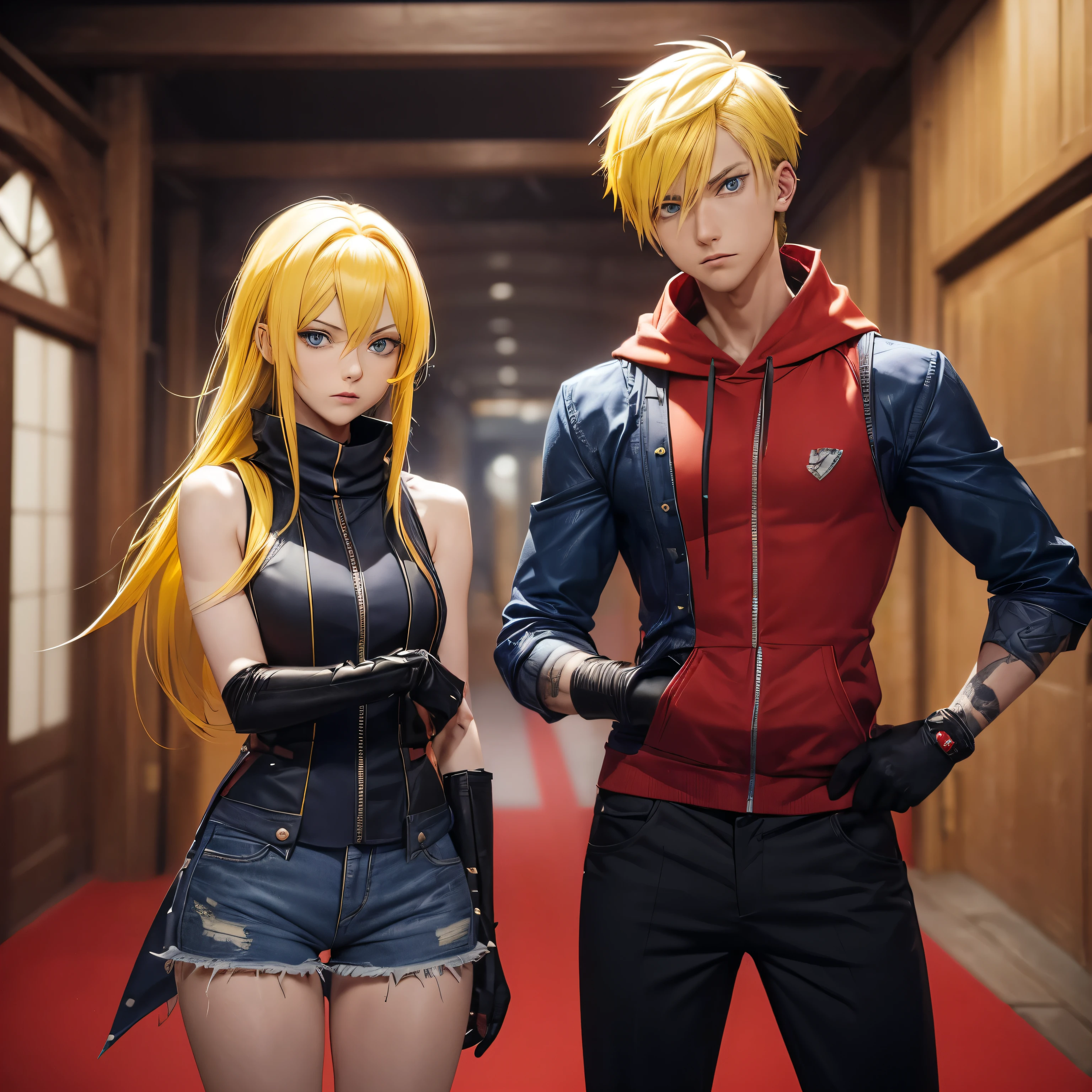 ((Couple)), ((26 years old, male,Yellow hair, Blue eyes), Spiky hair)). 

((26 Years Old), female, Indigo Hair), Hime Cut, Bang)),, red scarf, red hoodie vest, sleeveless, black pants, black gloves, slim, up to legs, intimidating aura