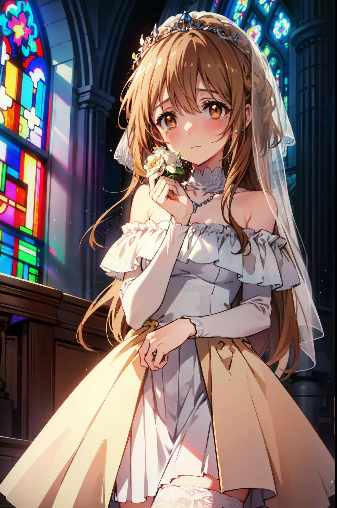 a sun ayuuki, a sun a yuuki, Long Hair, Brown Hair, (Brown eyes:1.8),smile,blush,Off-the-shoulder wedding dresses,necklace,wedding long skirt,Holding a bouquet in both hands,Clear skies,Tears stream down her face,Tears of joy,I cry a lot,Flower storm,whole bodyがイラストに入るように,background(Stained glass)
break indoors, Chapel,教会
break looking at viewer, whole body,(Cowboy Shot:1.5),
break (masterpiece:1.2), Highest quality, High resolution, unity 8k wallpaper, (figure:0.8), (Beautiful attention to detail:1.6), Highly detailed face, Perfect lighting, Highly detailed CG, (Perfect hands, Perfect Anatomy),