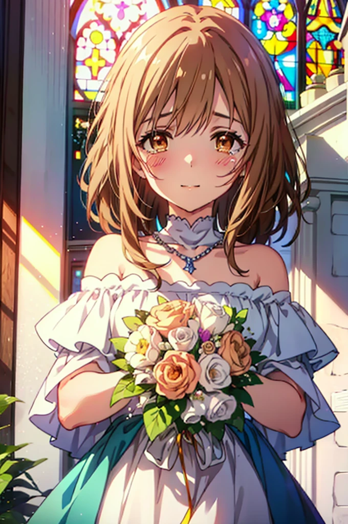 a sun ayuuki, a sun a yuuki, pelo largo, Pelo castaño, (Ojos cafés:1.8),sonrisa,rubor,vestidos de novia con hombros descubiertos,collar,falda larga de boda,Sosteniendo un ramo con ambas manos,Cielos despejados,Las lágrimas corren por su rostro,lágrimas de alegría,Yo lloro mucho,Tormenta de flores,todo el cuerpoがイラストに入るように,fondo(Vitral)
romper en el interior, capilla,教会 descanso mirando al espectador, todo el cuerpo,(tiro de vaquero:1.5),
break (obra maestra:1.2), de la máxima calidad, Alta resolución, fondo de pantalla de unidad 8k, (cifra:0.8), (Hermosa atención al detalle:1.6), Cara muy detallada, Iluminación perfecta, CG muy detallado, (manos perfectas, anatomía perfecta),