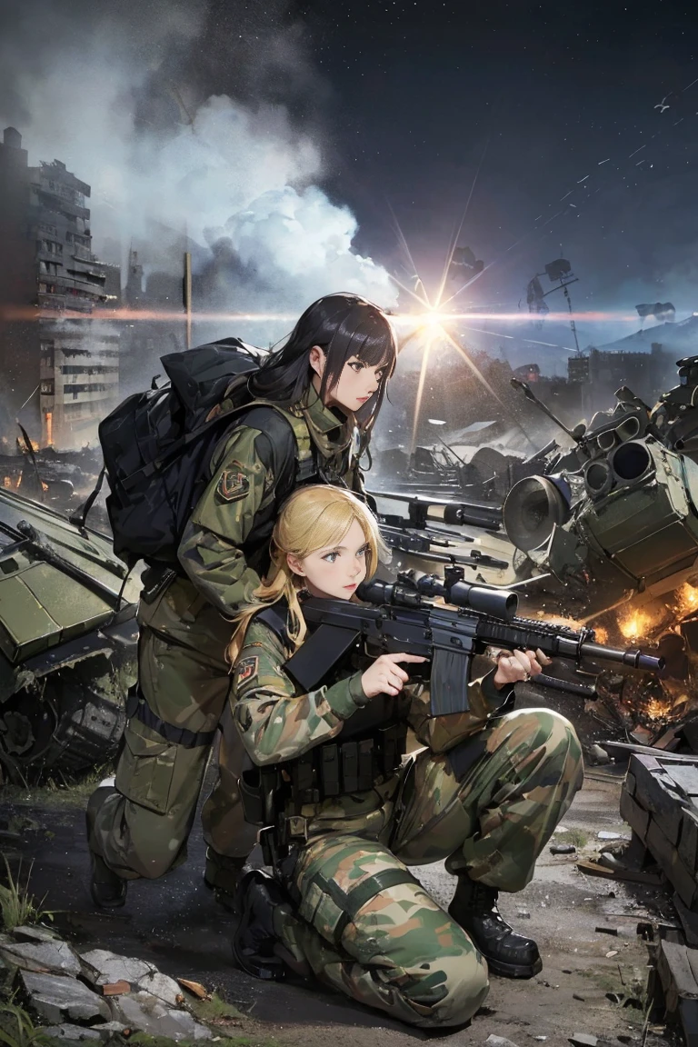 {{Masterpiece, top quality, highly detailed CG, 16K, movie lighting, lens flare}}, (1 girl soldier aiming at a huge military robot with Lahti L-39 anti-tank gun), (wide view), thick body, Photorealism: 1.4, long blond hair, green eyes, have multiple weapons, aim, (Lahti L-39 anti-tank gun), direct light, F/1.8, night footage, shot at 35mm depth of field on the rubble ((Shinjuku at night (5 fully equipped special forces SWAT protect women)), (sniping with anti-tank rifles), (from side), HDR, hyper detailed, giant robot wreckage, (wide angle lens), kneeling shot , tiger and girl, Tiger painting}A flash of light runs, Colorful water levitation(2D:1.5), official art, unity 8k wallpaper, ultra detailed, beautiful and aesthetic, masterpiece, best quality, chinese style, (zentangle, mandala, tangle, entangle), ecstasy of flower, 1girl, extremely detailed, dynamic angle, cowboyshot, the most beautiful form of chaos, elegant, a brutalist designed, vivid colours, romanticism, by james jean, roby dwi antono, ross tran, francis bacon, michal mraz, adrian ghenie, petra cortright, gerhard richter, takato yamamoto, ashley wood, atmospheric