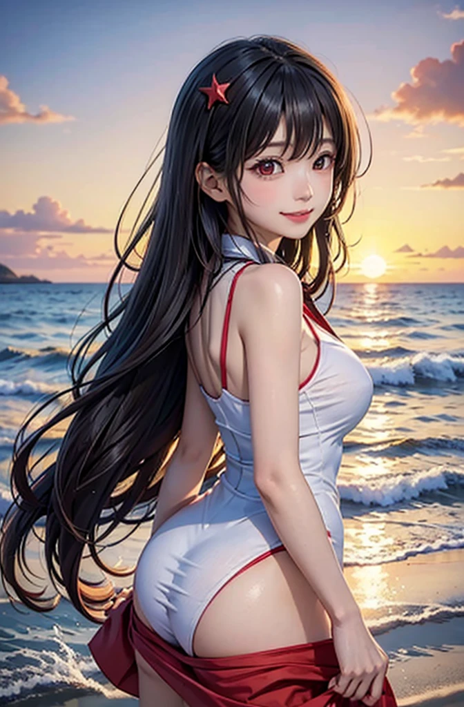 One girl, alone,smile, Beach,(sunset:1.1),  Akagi_Also(denchi project), alone,  Star hair ornament, Twin Blade,Shine, From behind, Recall, huge sunset,Red float, uniform, night, wave hands, Ocean