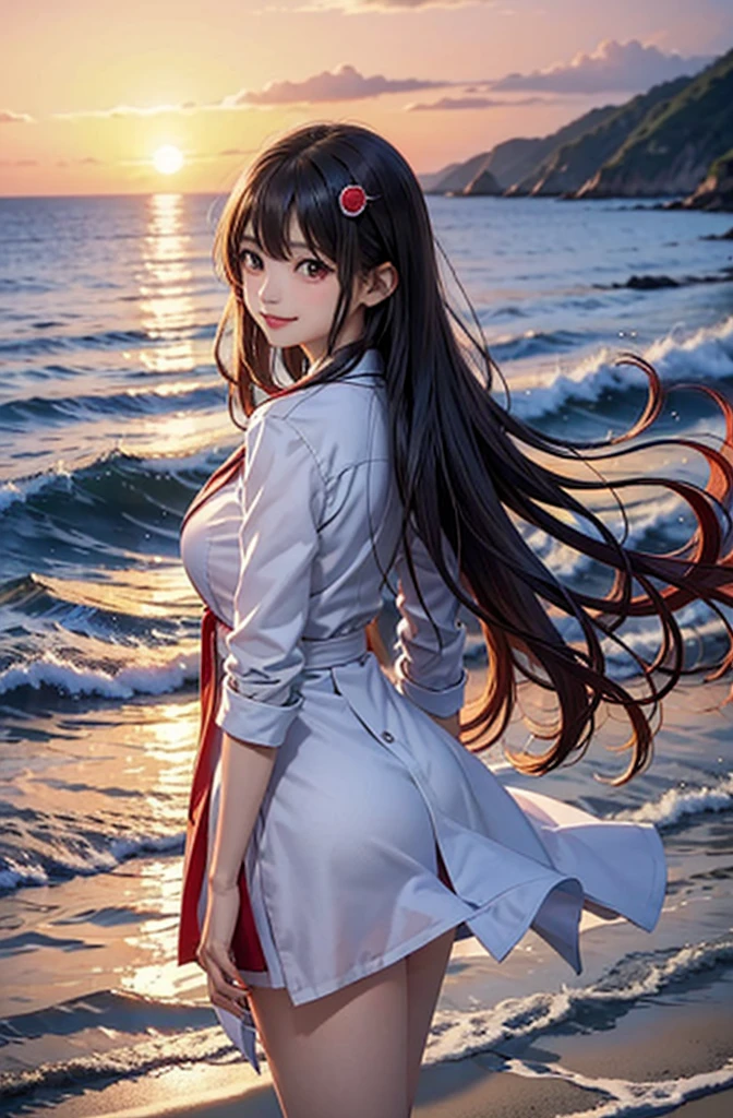 One girl, alone,smile, Beach,(sunset:1.1),  Akagi_Also(denchi project), alone,  Star hair ornament, Twin Blade,Shine, From behind, Recall, huge sunset,Red float, uniform, night, wave hands, Ocean