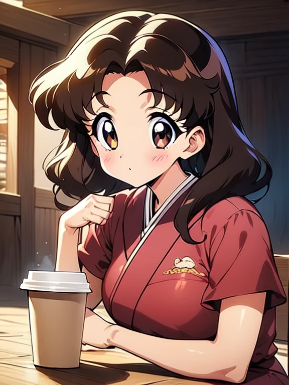 Young girl holding a cup of coffee in her hand, girl with a cute face, cute natural anime face, with a sweet - beautiful - face,, young cute face, beautiful face of a Japanese girl, brown hair and big eyes, cute kawaii girl, Beautiful bright big eyes