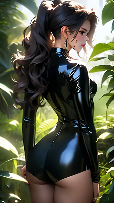 Beautiful woman with good style, (Black latex leotard), detailed, 8k、detailedな顔, detailedな体, detailedな髪, detailedな目で、(Long Wavy Hair:ponytail)、masterpiece, 最high quality, high quality, High resolution, (Jungle Background), View from behind､