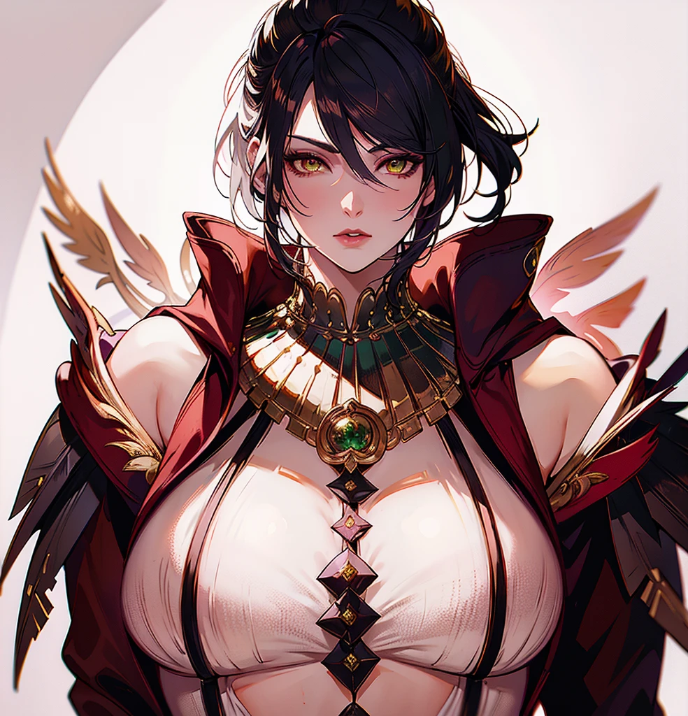 Morrigan_Dragon age,(Highest quality, masterpiece, Very detailedな, Very detailed, Exquisite, 16K,Full HD),(White Background:1.5),、Big Breasts,No text,Upper Body,Morrigan、Black Hair