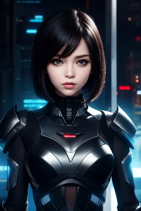 close-up of a woman dressed in black posing in a room, android heroine, perfect android girl, an oppai cyberpunk, cybersuit, cyb...