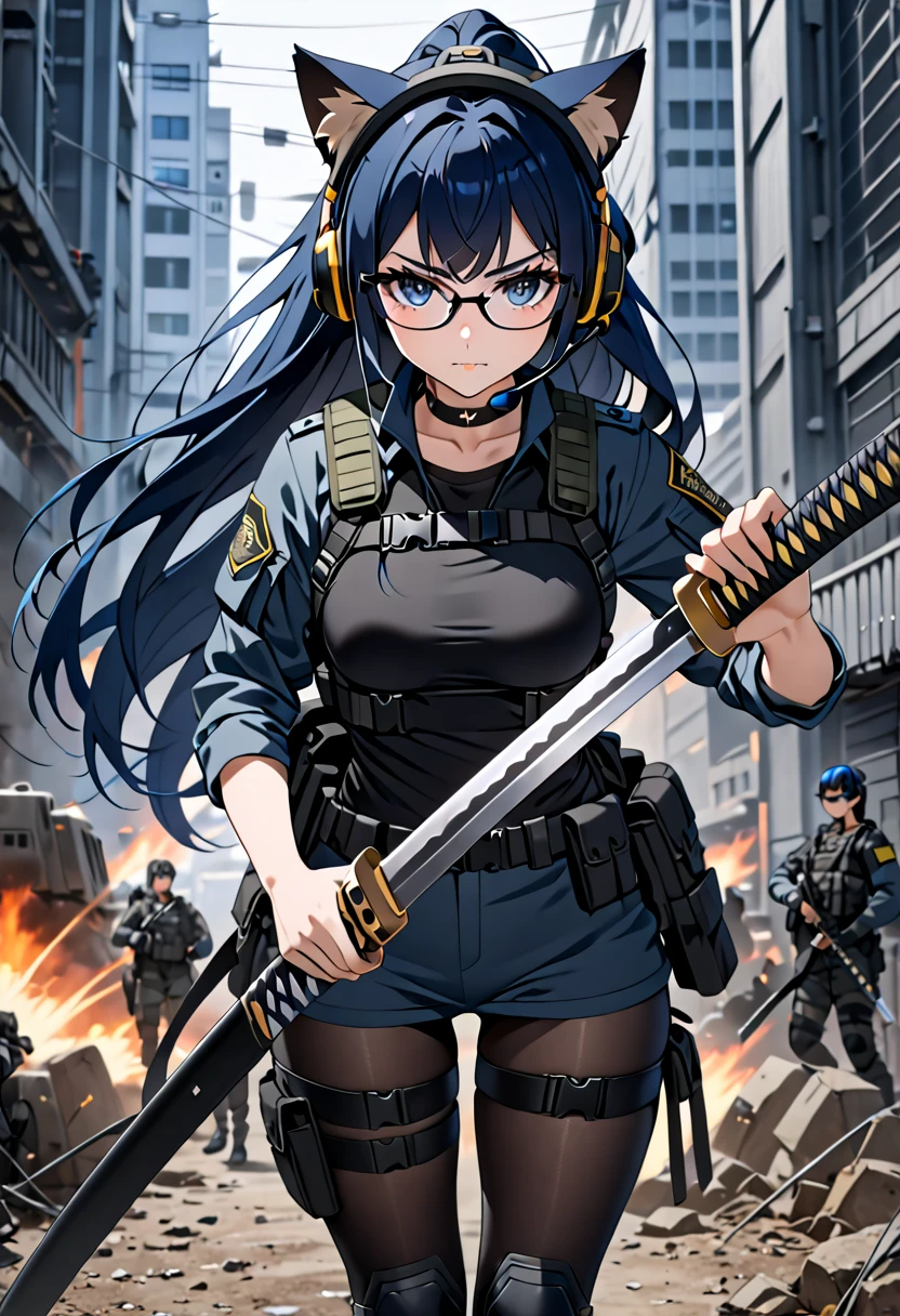 8K Ultra High-Quality, ultra-detailed, High quality, 8K Ultra High-Quality, ultra-detailed, High quality, Dark Blue hair, Long hair, Headset, cat girl, Glasses, Tactical clothes, Military clothes, black spandex under clothes, body harness, holding a katana, Looking at viewer, choker, full body, close up