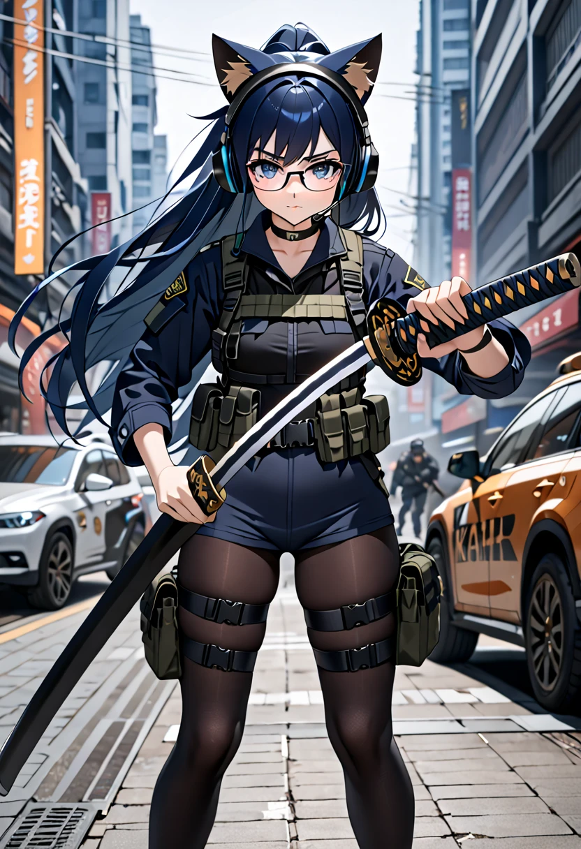 8K Ultra High-Quality, ultra-detailed, High quality, 8K Ultra High-Quality, ultra-detailed, High quality, Dark Blue hair, Long hair, Headset, cat girl, Glasses, Tactical clothes, Military clothes, black spandex under clothes, body harness, holding a katana, Looking at viewer, choker, full body, close up