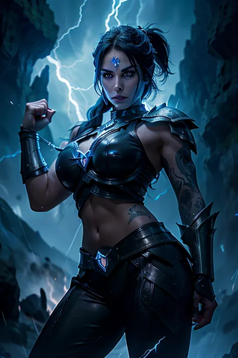 milf, evil beautiful and muscular nordic female storm giant with blue black hair in a ponytail, older and mature woman, throwing...