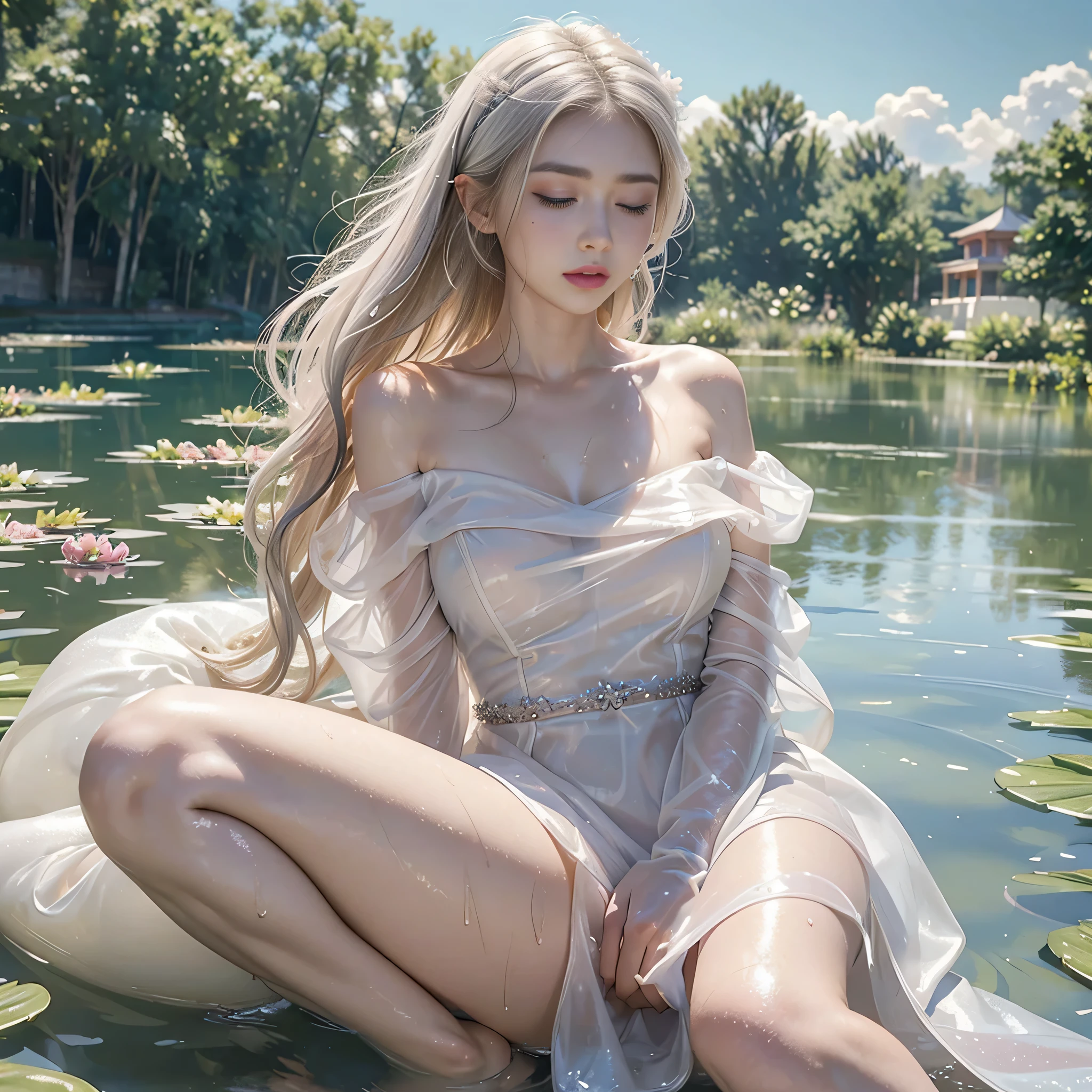 (highest quality、4K、masterpiece:1.3)、Beautiful woman、1 girl、sexly:1.1、Wet golden white hair:1.1、）、(Eyes closed）,highly detailed face、lip details、detailed eye、double eyelid、(Pink nipples are transparent）、(Translucent off-shoulder wet white dress)、(she is wet)、(Woman in a lakeside park)、Lying and soaking in Monet&#39;s pond、