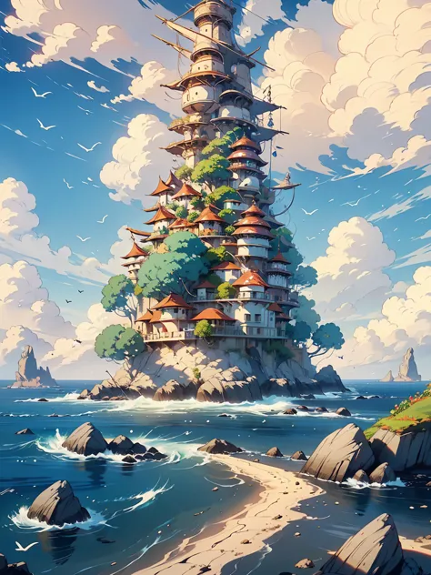 a fantasy-inspired painting of a coastal village in kawacy style, rendered in cinema4d, bulbous, precise nautical details, creat...