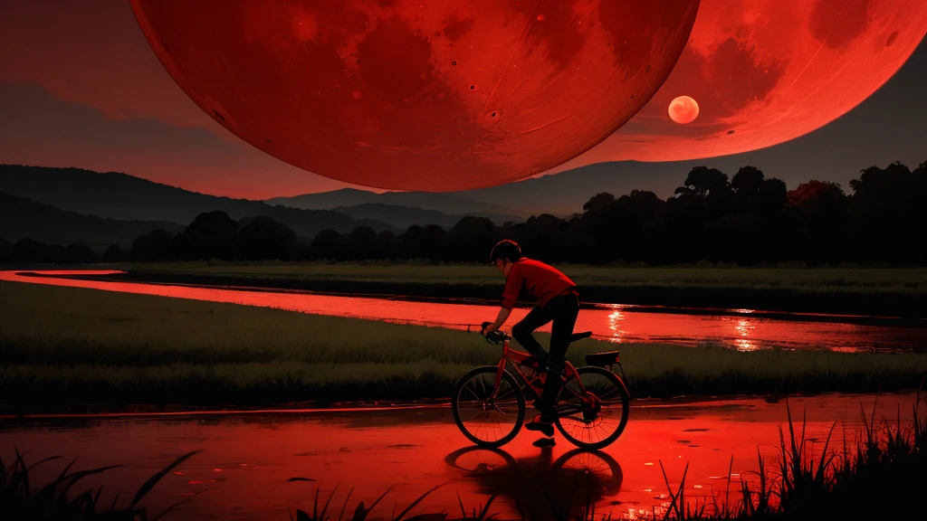 lune rouge、rivière sanglante、ciel sombre、une jambe、faire de la bicyclette