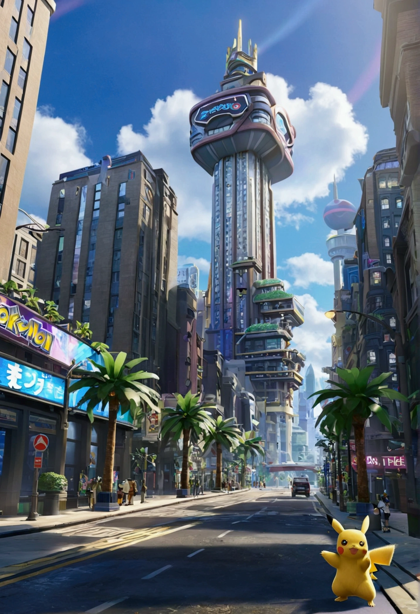 Pokémon Legends Z-A, eco futuristic Lumiose City prism tower, palm tree lined street with with wild Pokemon running around, detective Pikachu 