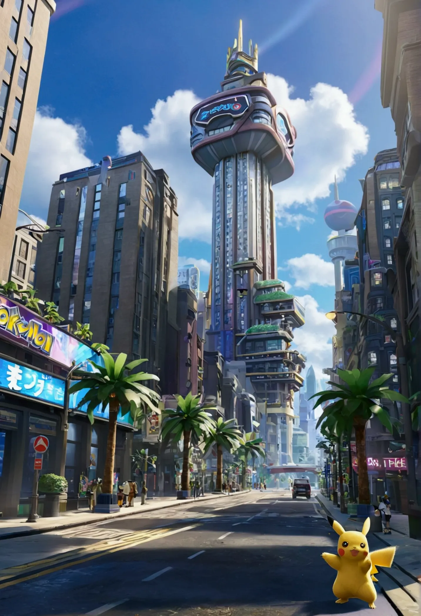 pokémon legends z-a, eco futuristic lumiose city prism tower, palm tree lined street with with wild pokemon running around, dete...