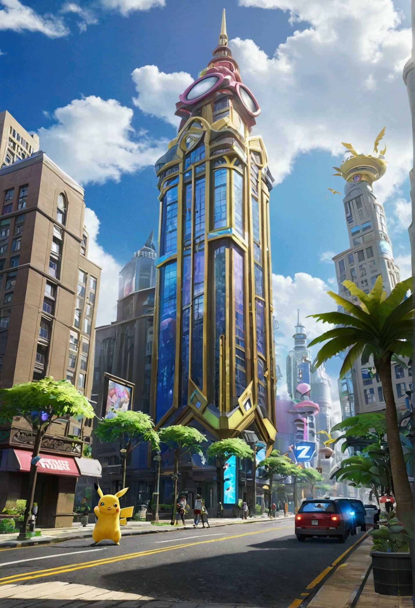 Pokémon Legends Z-A, eco futuristic Lumiose City prism tower, palm tree lined street with with wild Pokemon running around, detective Pikachu 