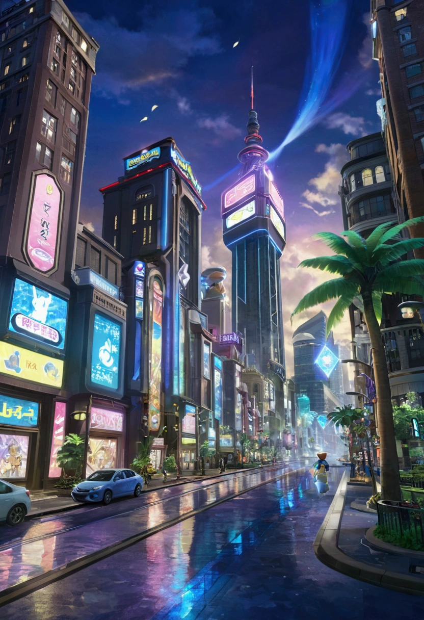 Pokémon Legends Z-A, eco futuristic Lumiose City prism tower, palm tree lined street with with wild Pokemon running around, detective Pikachu 