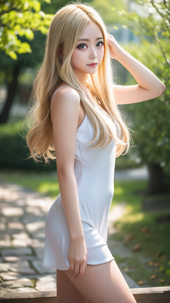 Highest quality、Highest quality、High resolution、8k、masterpiece、Young Japanese Woman、One Woman、blonde、blonde、Long Hair、Blurred Background、Big eyes、Daytime、sunlight、Tight dress、casual、Beautiful legs、