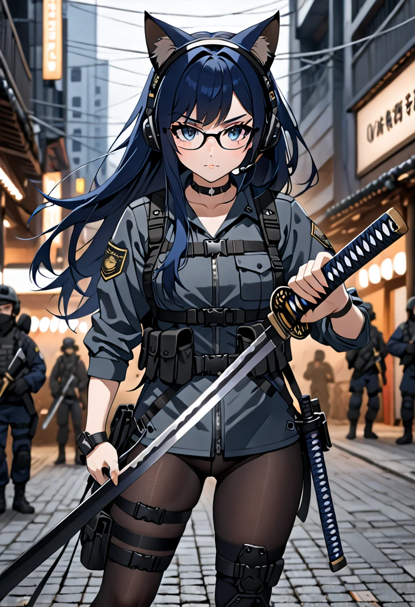 8K Ultra High-Quality, ultra-detailed, High quality, 8K Ultra High-Quality, ultra-detailed, High quality, Dark Blue hair, Long hair, Headset, cat girl, Glasses, Grey Tactical clothes, Military clothes, black spandex under clothes, body harness, two sheathed katana, holding a katana, Looking at viewer, choker, full body, close up, urban background