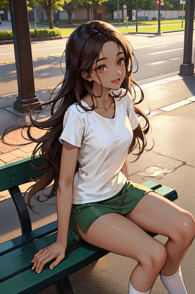 anime girl, long black hair wavy and curly, Beautiful dark brown eyes, happy, jubilant, affected smile, ((dark brown skin:1.5)), asian eyes, (woman of color:1.5), long eyelashes, delicious lips, proportionate face, (blasian), short girl, 18 years, ((plain beige t-shirt)), (less saturated green shorts skirt, socks, Green sneakers), girl sitting on a bench, park, beautiful quality, Normal, masterpiece, Soft and warm lighting, with hands on chest sexy 