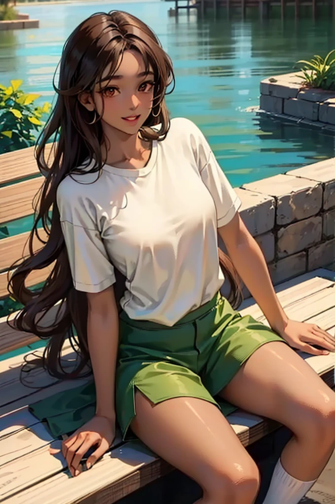 anime girl, long black hair wavy and curly, Beautiful dark brown eyes, happy, jubilant, affected smile, ((dark brown skin:1.5)), asian eyes, (woman of color:1.5), long eyelashes, delicious lips, proportionate face, (blasian), short girl, 18 years, ((plain beige t-shirt)), (less saturated green shorts skirt, socks, Green sneakers), girl sitting on a bench, park, beautiful quality, Normal, masterpiece, Soft and warm lighting, with hands on chest sexy 