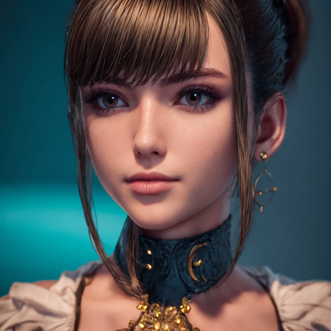 woman is posing looking at the camera, for a photography portrait, photo session in a studio with lighting with red and water green gels, the woman is in a frontal pose,Brown eyes, Eve, Short bob haircut, Stellar blade, Fringe hair, Ponytail hair, unreal engine skin:0.3, hyper-realistic eye details, well-focused photography, 8k uhd, vivid colors, full face portrait, full head portrait